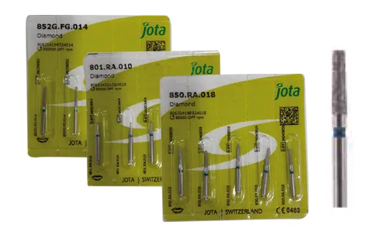 Fraises diamantées pour taille de piliers de prothèse conjointe forme cylindro-conique bout plat longue gamme : JOTA