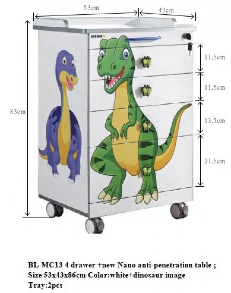 4 drawer +new Nano anti-penetration table ;Size 53x43x86cm Color:white+dinosaur imageTray:2pcs/bl-mc13