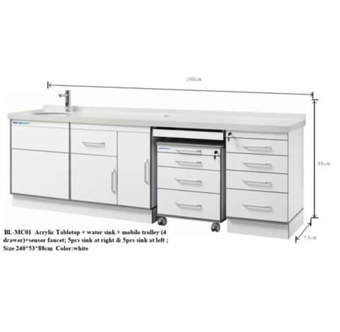 Acrylic Tabletop + water sink + mobile trolley (4drawer)+sensor faucet; 5pcs sink at right & 5pcs sink at left ;Size 240*53*88cm Color:white/BL-MC01