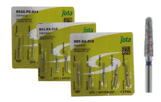 Fraises diamantées pour taille de piliers de prothèse conjointe forme cylindro-conique bout rond longue gamme : JOTA