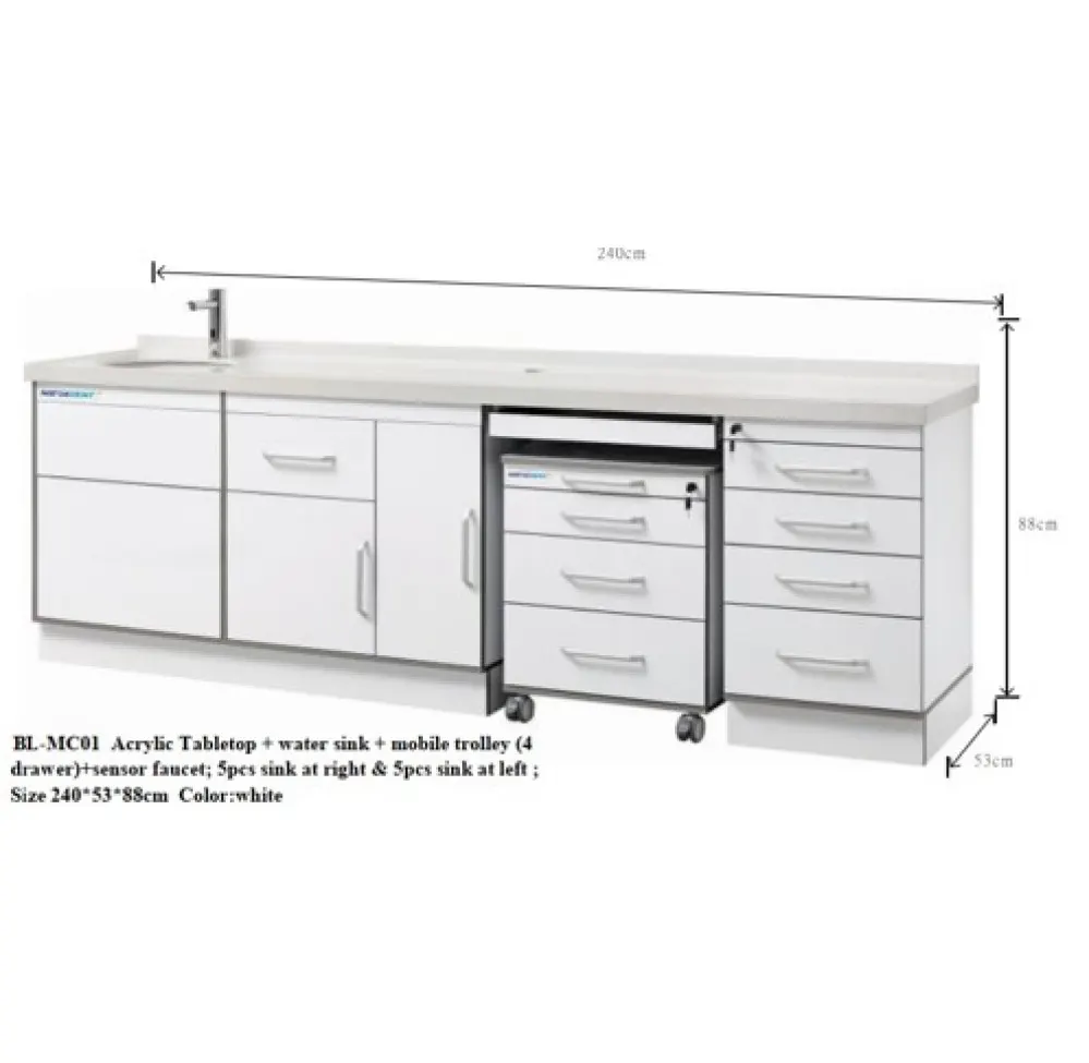 Acrylic Tabletop + water sink + mobile trolley (4drawer)+sensor faucet; 5pcs sink at right & 5pcs sink at left ;Size 240*53*88cm Color:white/BL-MC01