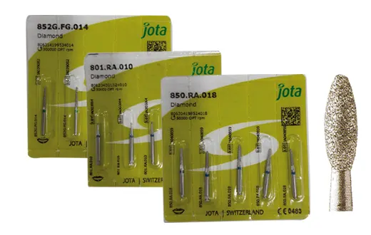 Fraises diamantées formes particulières forme œuf pour réduction occlusale et cingulaire gamme : JOTA