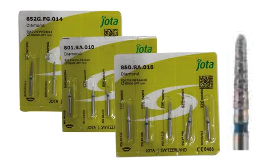 Fraises diamantées pour taille de piliers de prothèse conjointe forme cylindro-conique congé longue gamme : JOTA